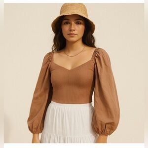 Abercrombie & Fitch Puff Sleeve Ribbed Crop Blouse Camel Brown XS NWT